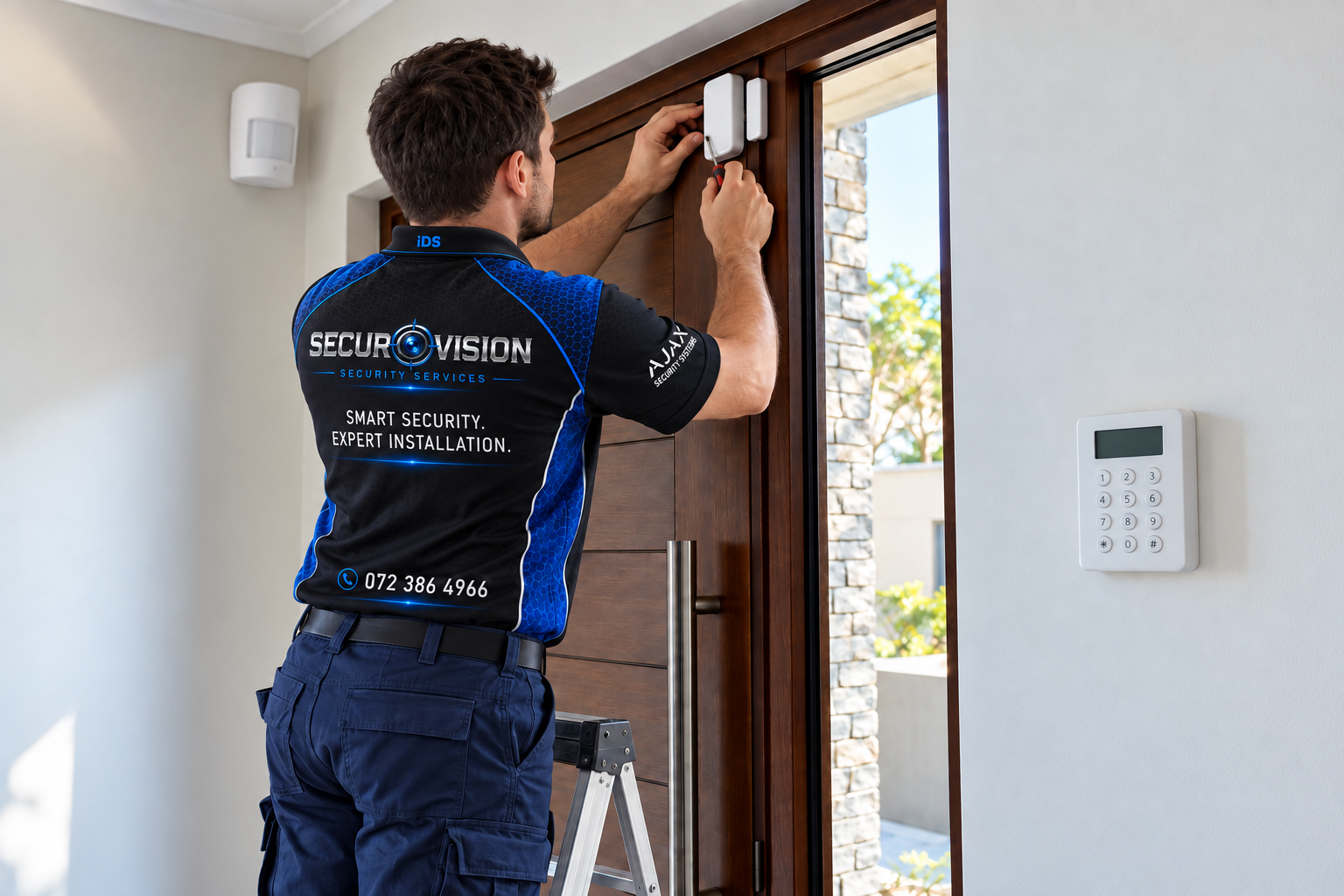 Illustrative scene of an installer wearing the Securovision company shirt fitting an alarm door sensor